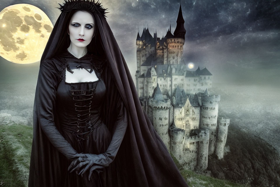 Gothic figure in black attire at castle under full moon