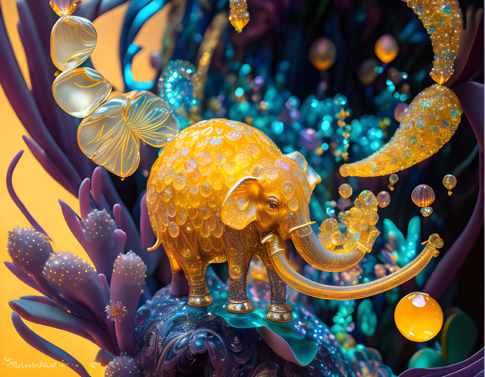 Golden Elephant Surrounded by Whimsical Flora in Colorful Landscape