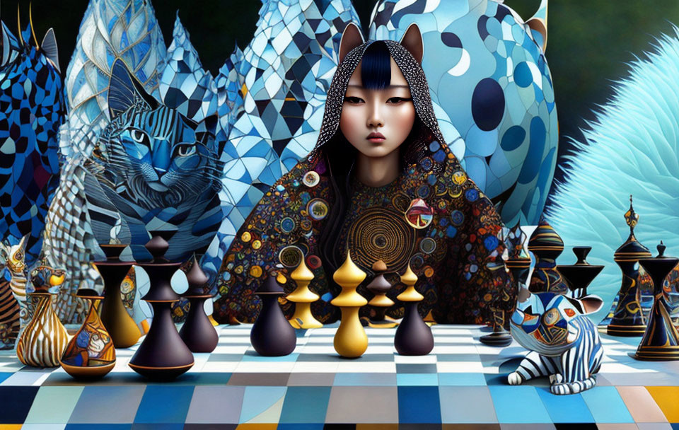 Colorful surreal illustration: Woman playing chess with stylized cats