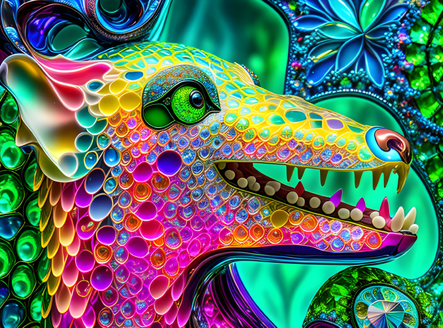 Colorful Digital Art: Whimsical Chameleon Creature with Psychedelic Background