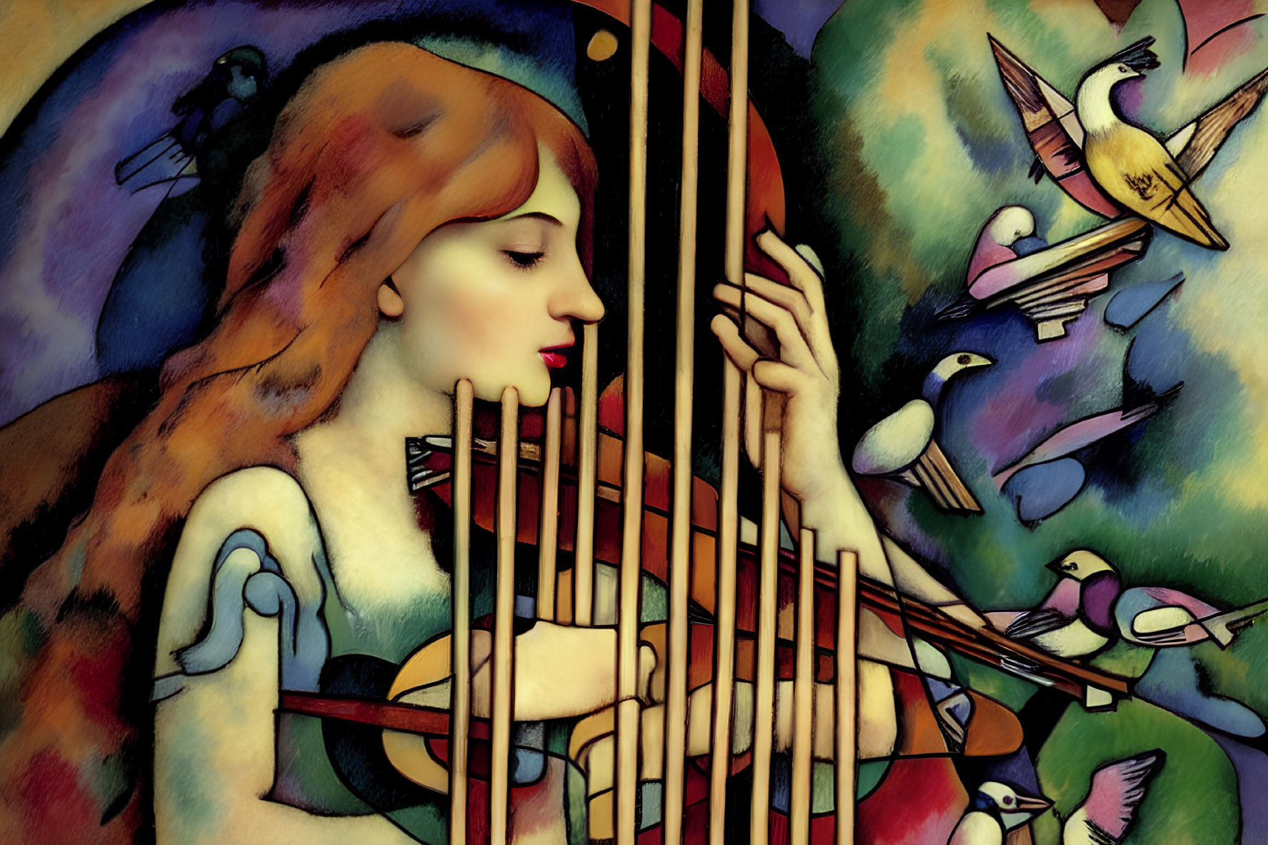 Colorful illustration of woman playing stringed instrument with birds and abstract elements