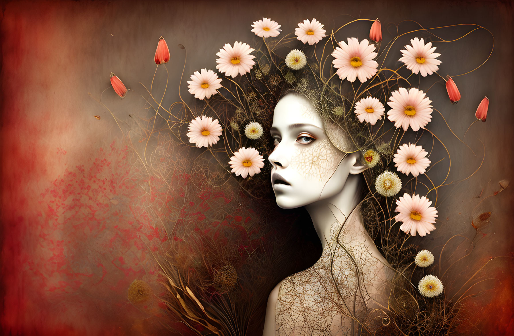 Woman with flowers and vines in hair on warm, textured background