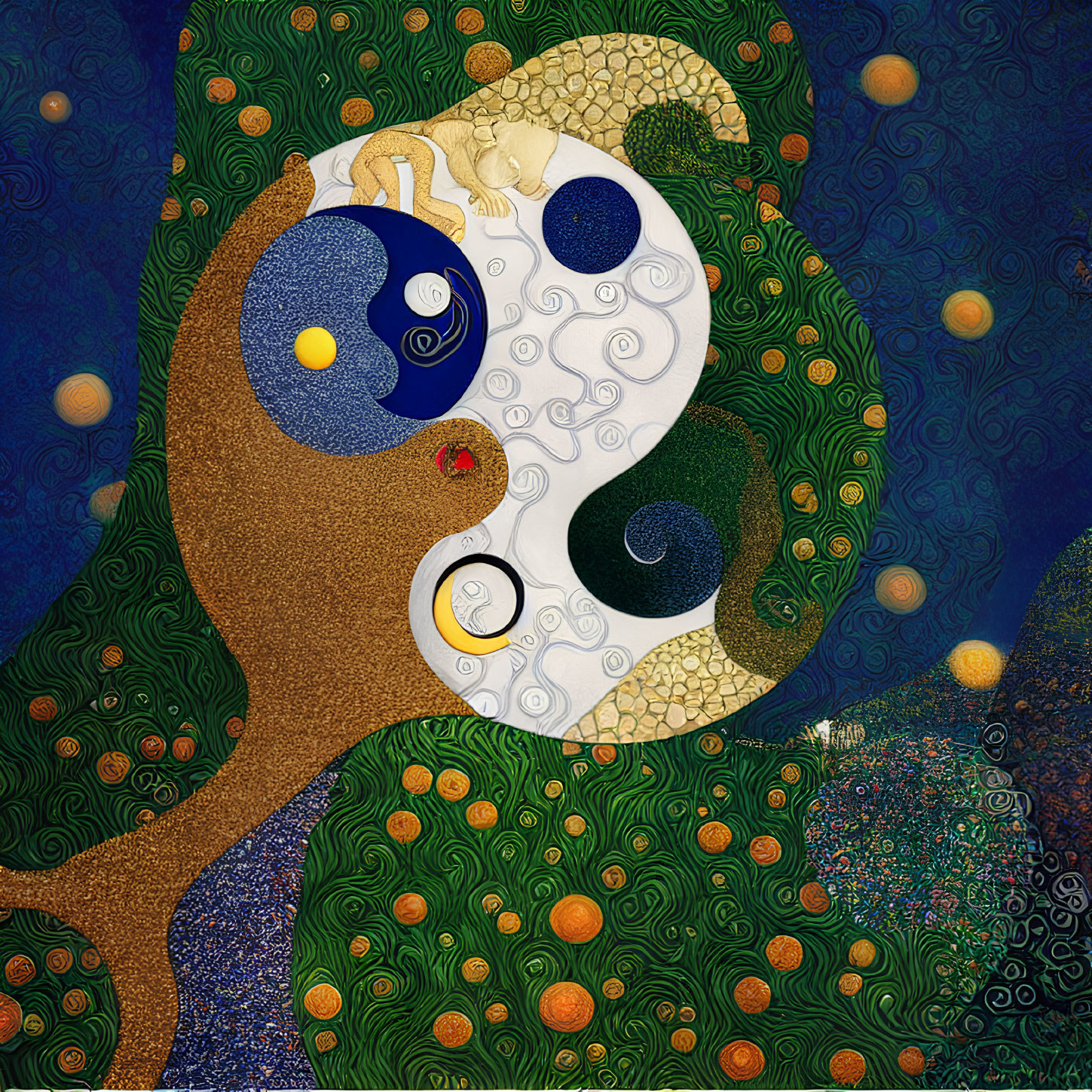 Colorful Yin-Yang Symbol with Trees in Van Gogh Style