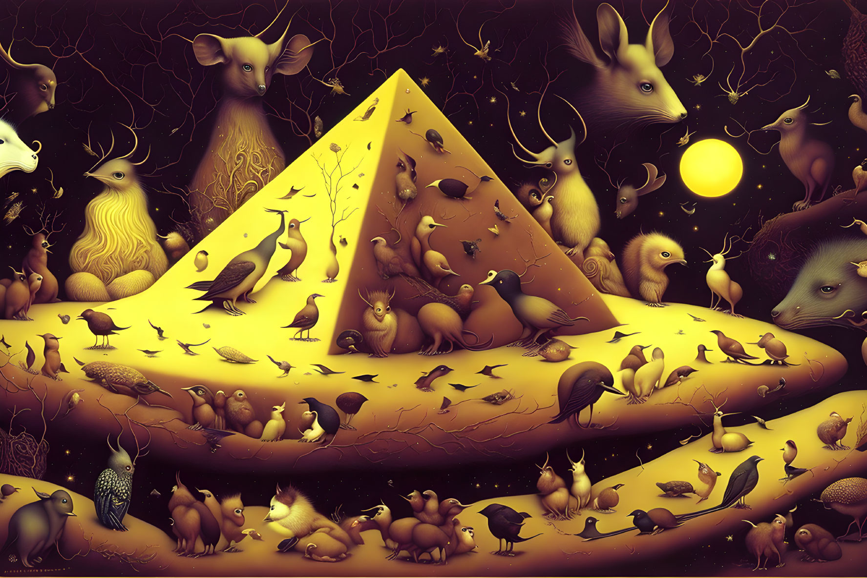 Surreal landscape with stylized animals, golden pyramids, full moon