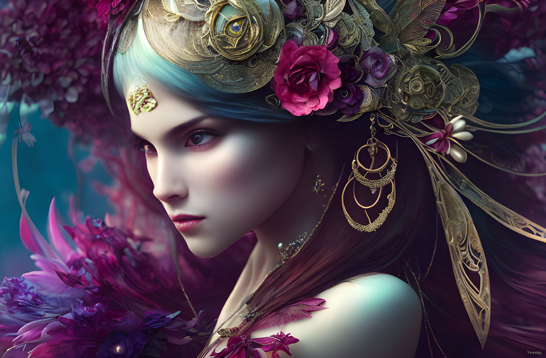 Fantasy portrait of woman with blue hair and mystical golden accessories