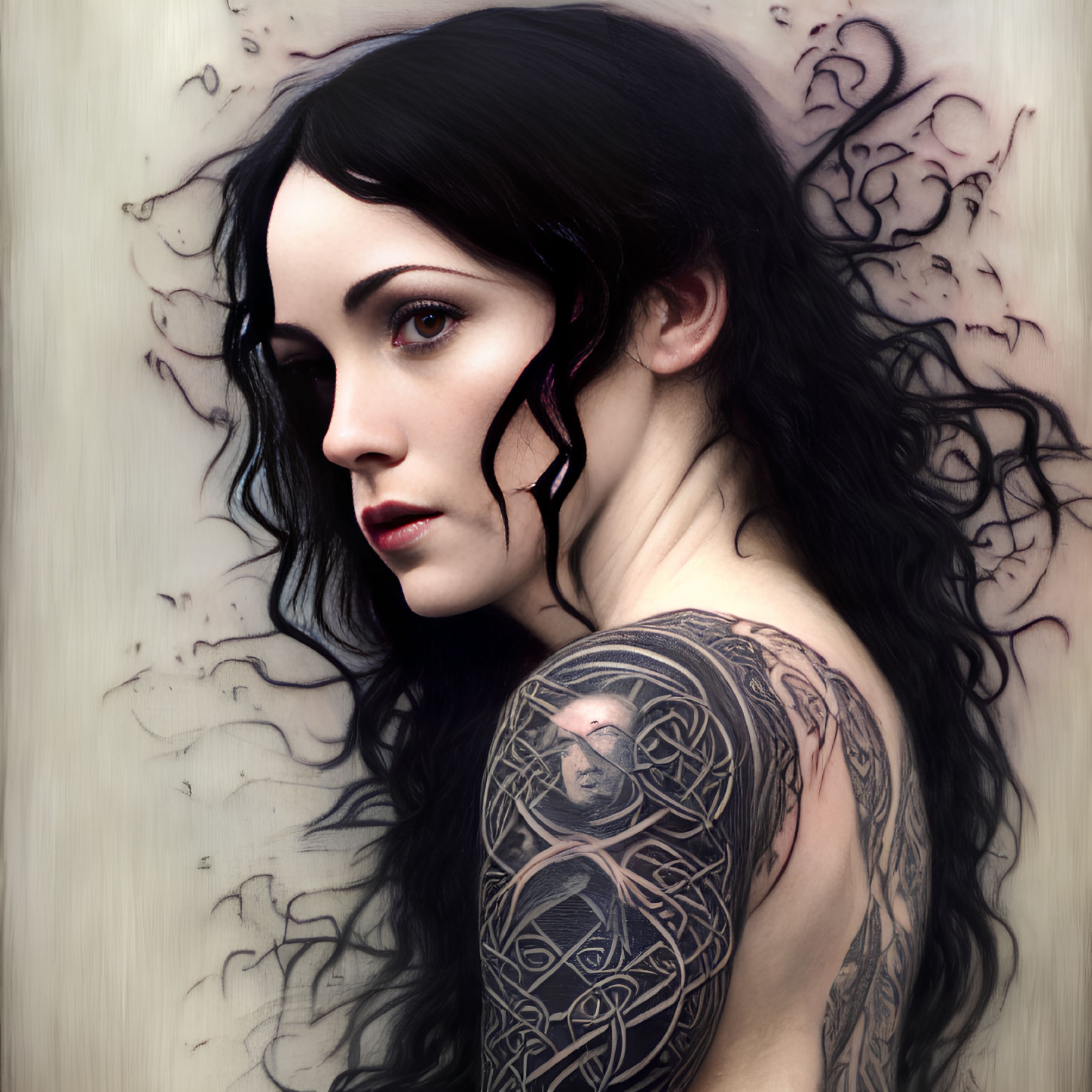 Detailed sleeve tattoo on woman with flowing dark hair