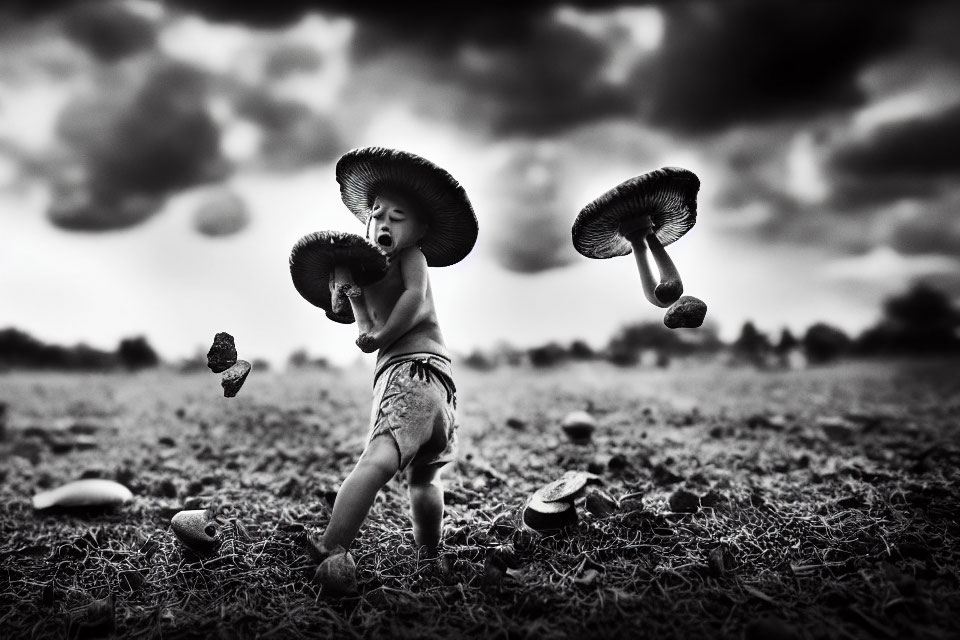 Child in hat holds mushrooms under dramatic sky in mushroom-filled field