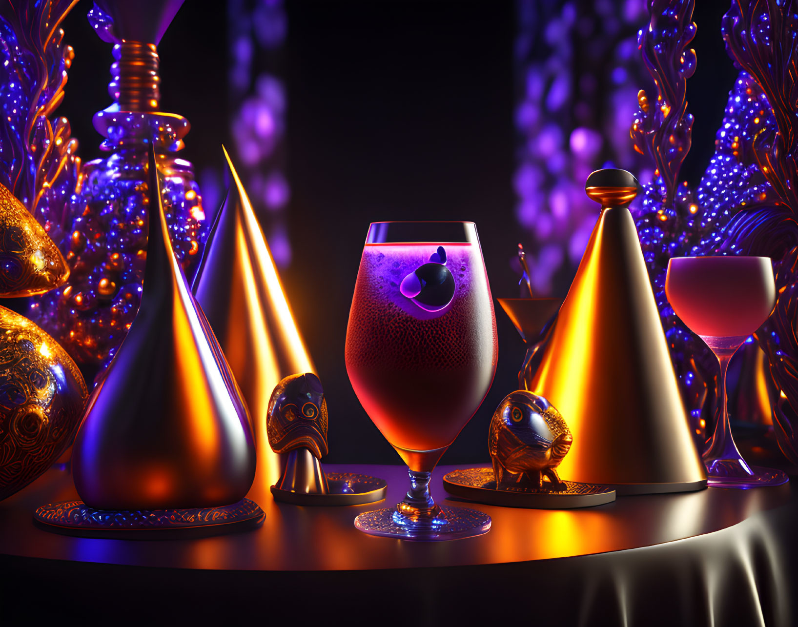 Luxurious Table Setting with Glassware, Metallic Cones, Purple and Orange Lights