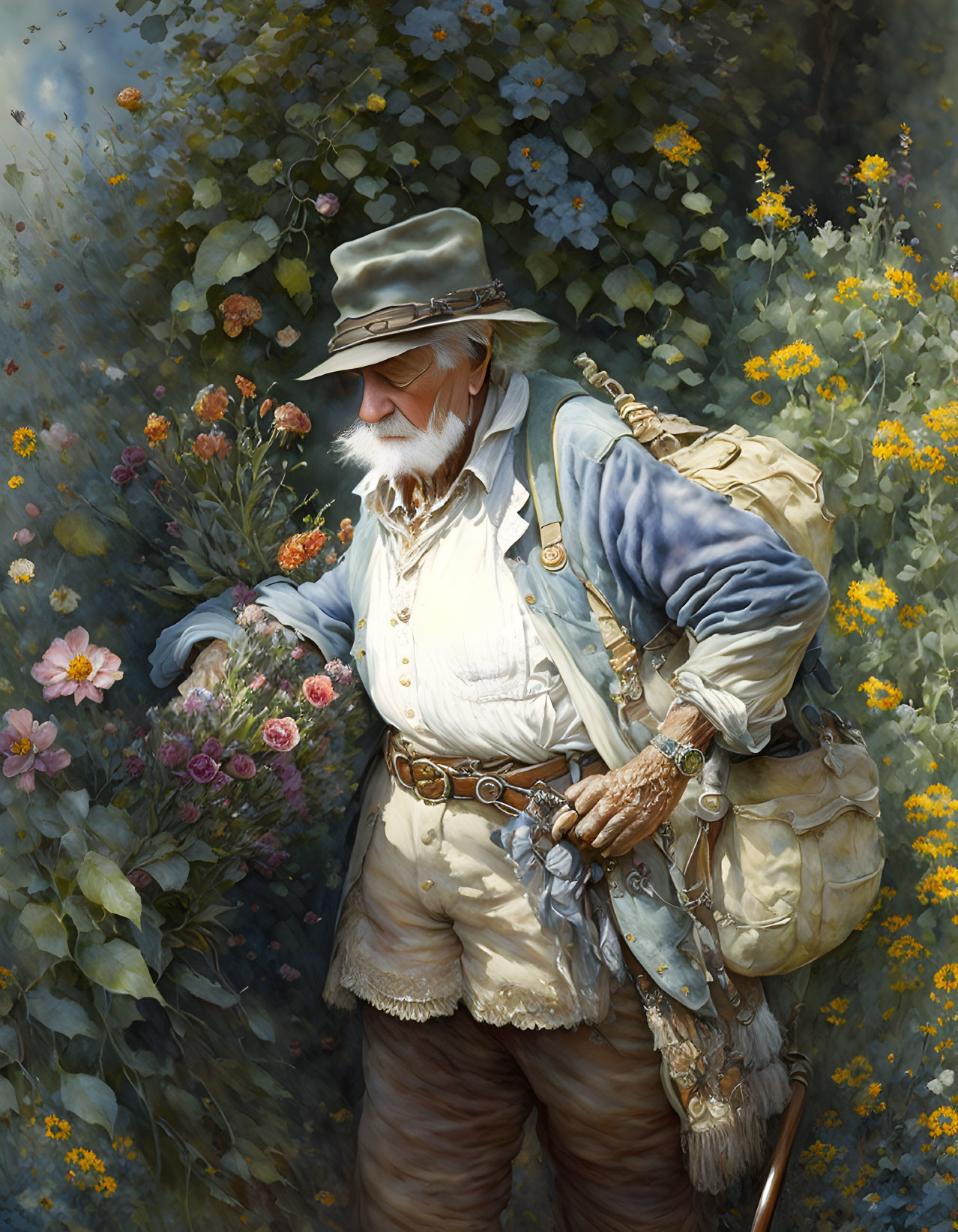 Elderly man in explorer outfit with hat and walking stick among lush flowers