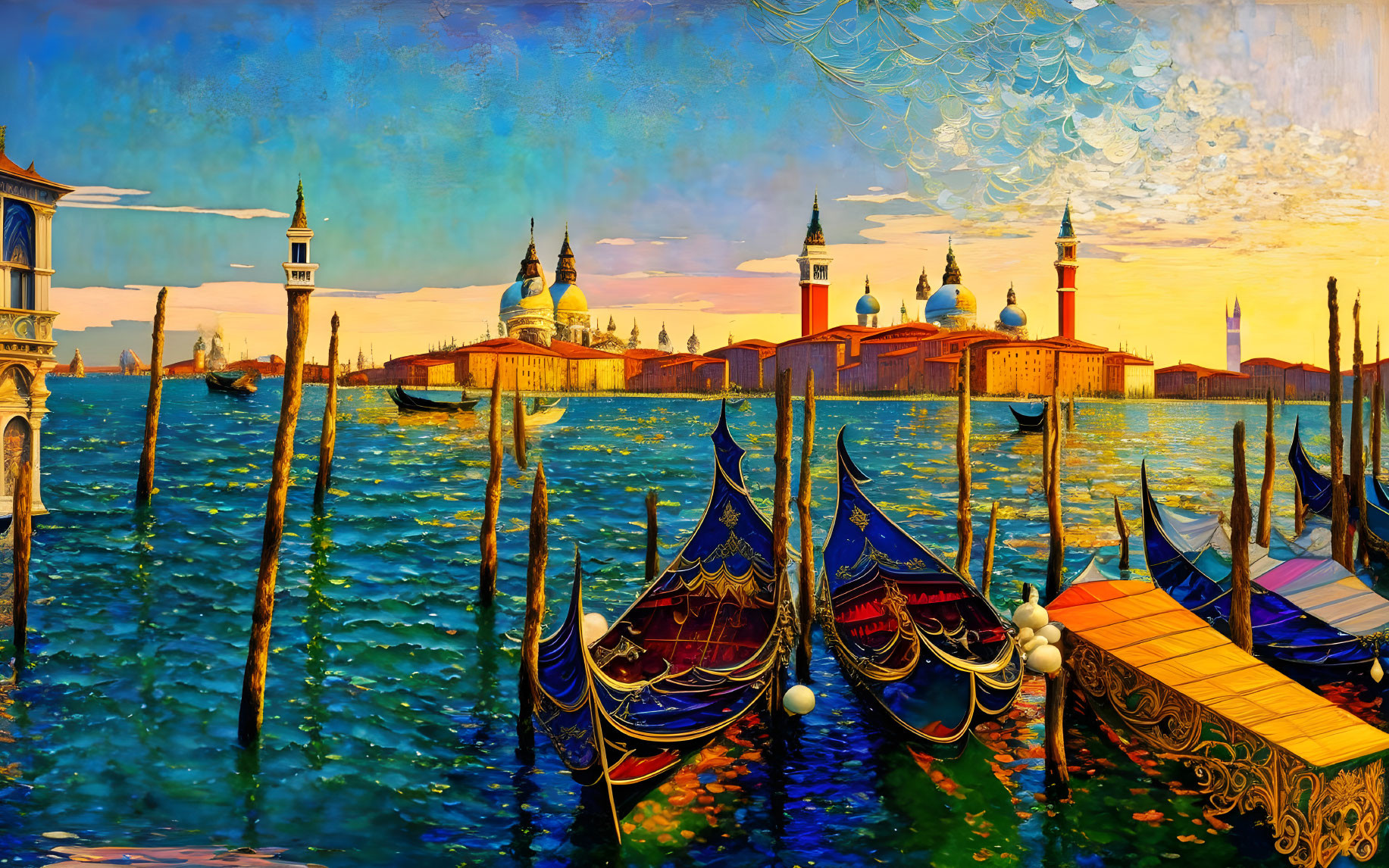 Venice painting: Gondolas, basilica, dramatic sky