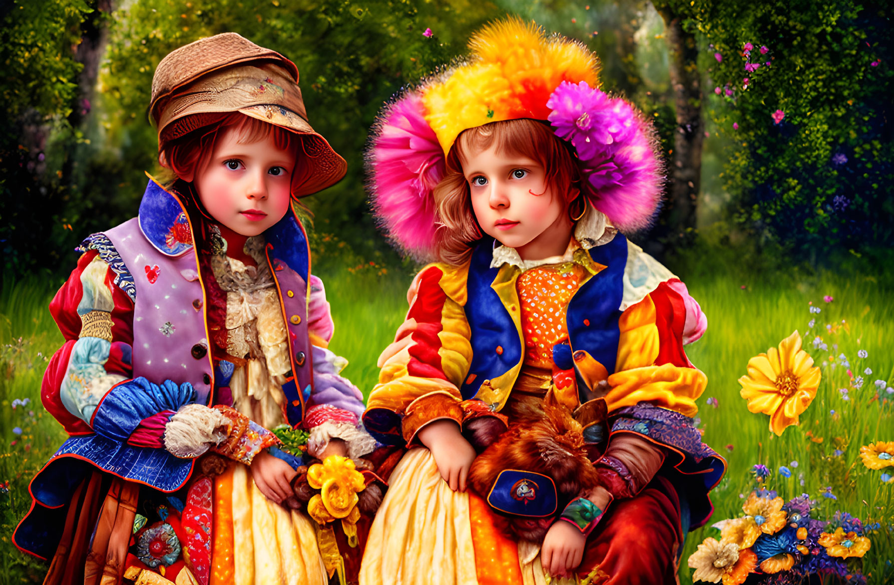 Children in traditional costumes with flower and cat in lush outdoor setting