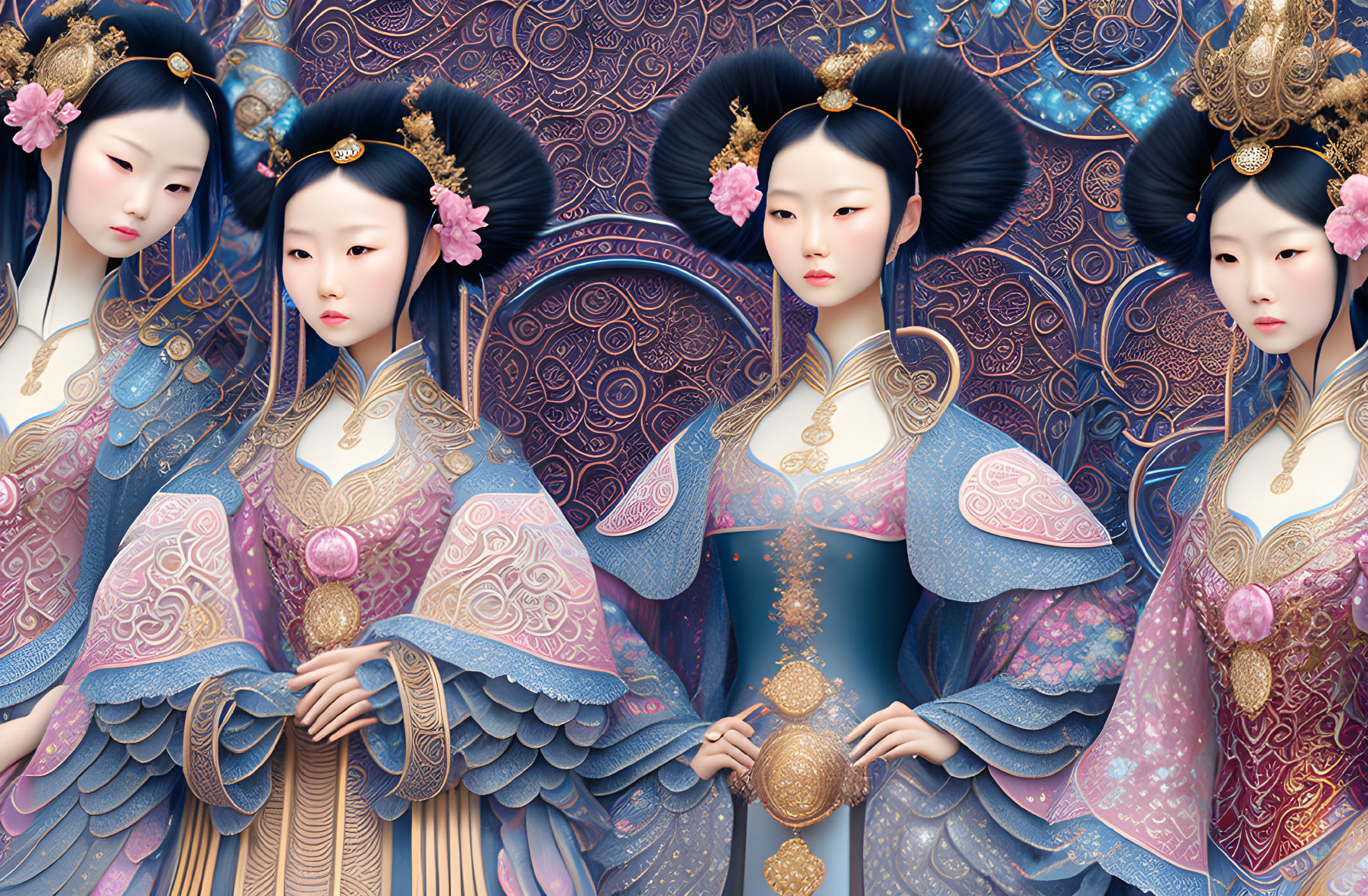 Four women in traditional Asian attire with intricate hairstyles and floral accessories on ornate background