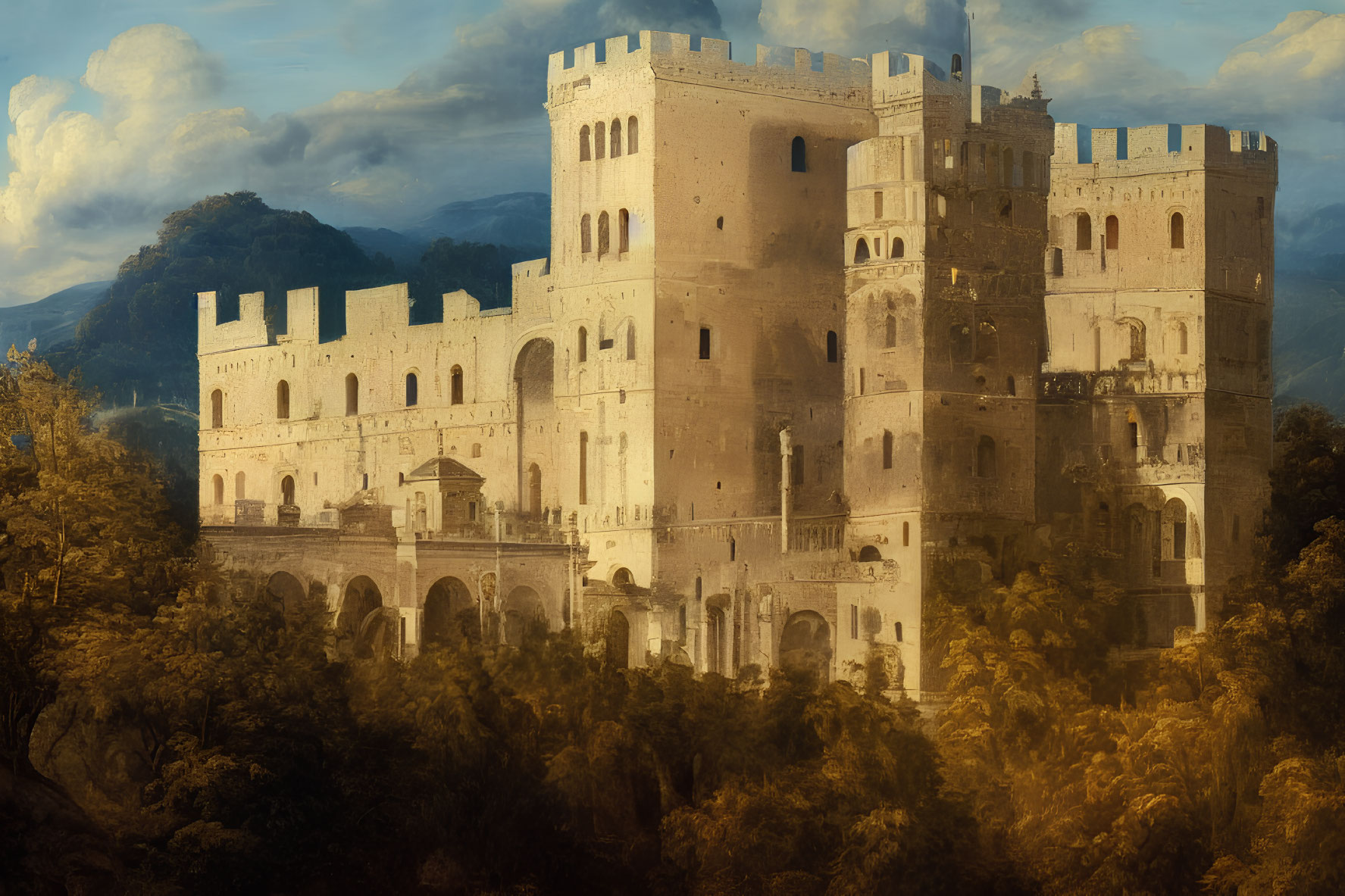 Medieval castle with multiple towers in lush forest under dramatic sky