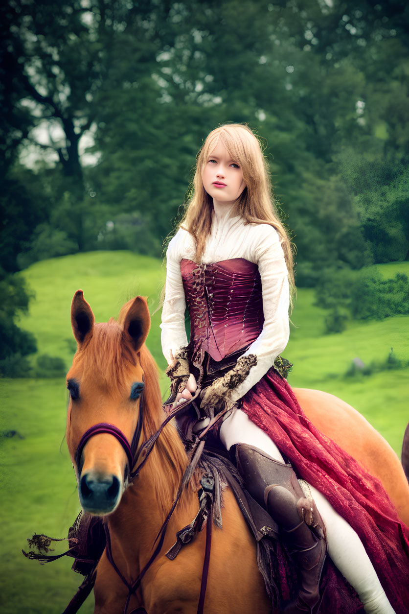 Blonde person in white blouse and red corset on brown horse in green field