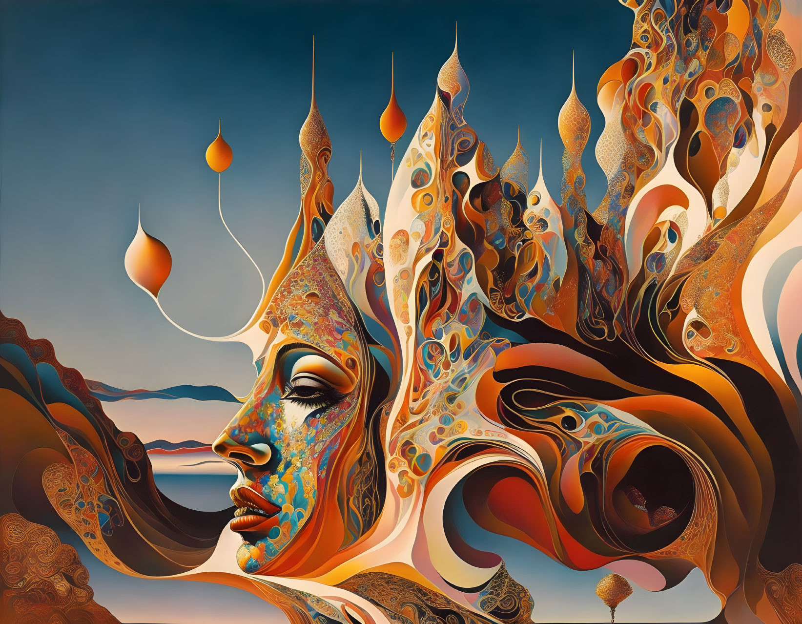 Surreal female figure with abstract shapes and vibrant patterns in warm landscape