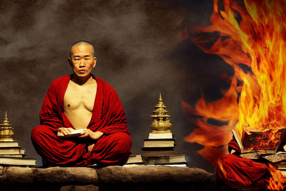 Bald person meditating near fire and pagodas in red robe