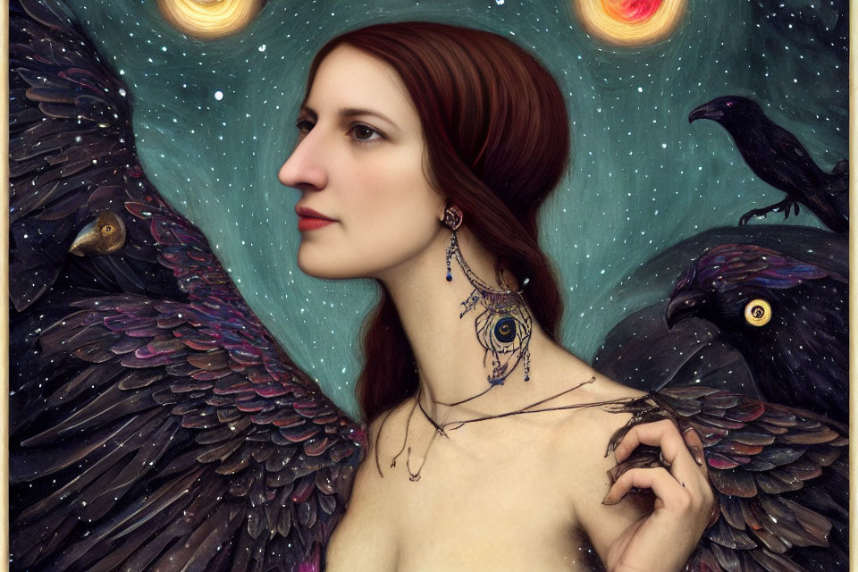 Surreal portrait of a woman with dark angelic wings and celestial backdrop