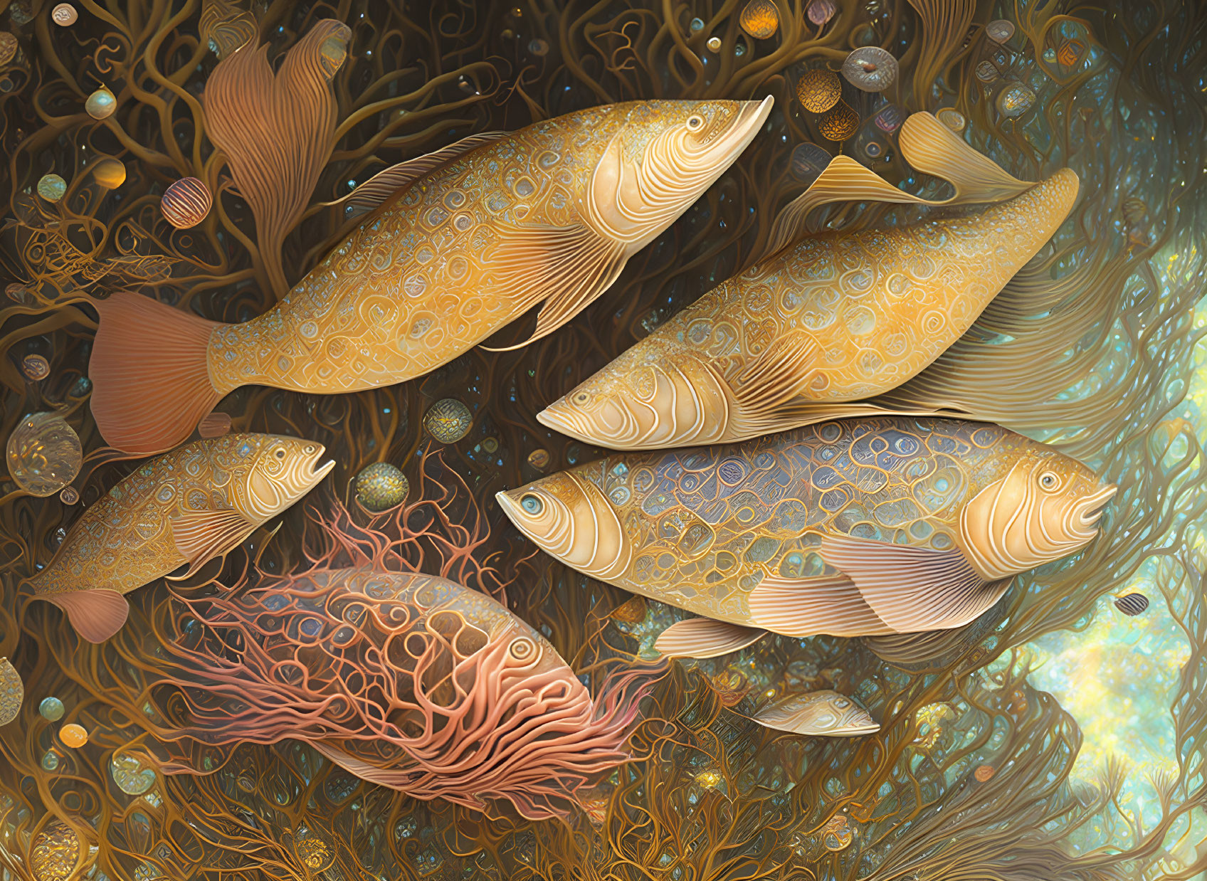 Golden fish swimming among ornamental seaweed and corals in underwater scene