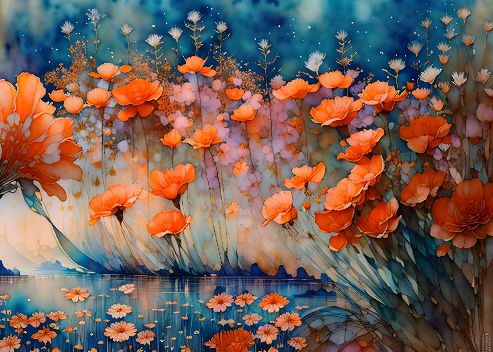 Colorful Watercolor Illustration: Orange Flowers, Blue Lake, Twilight Sky