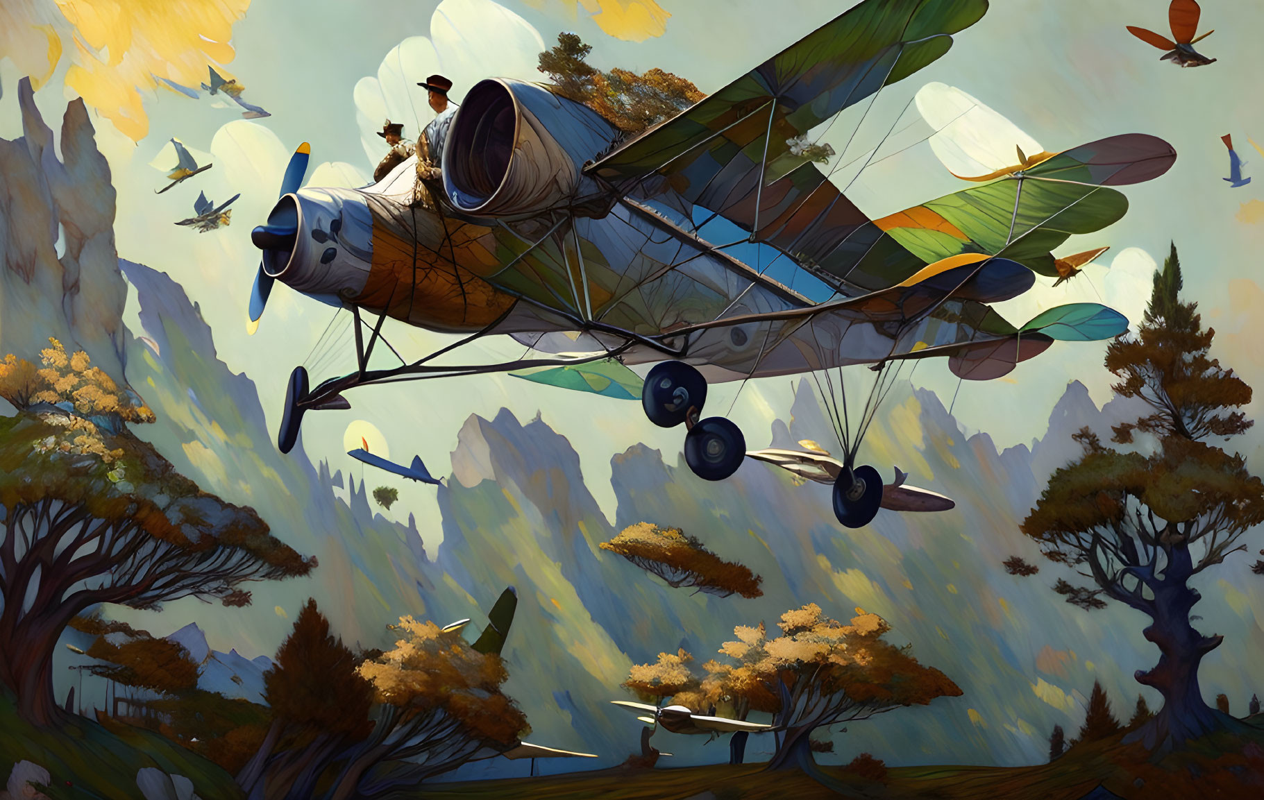 Vintage Biplane Flying over Autumnal Forest Landscape