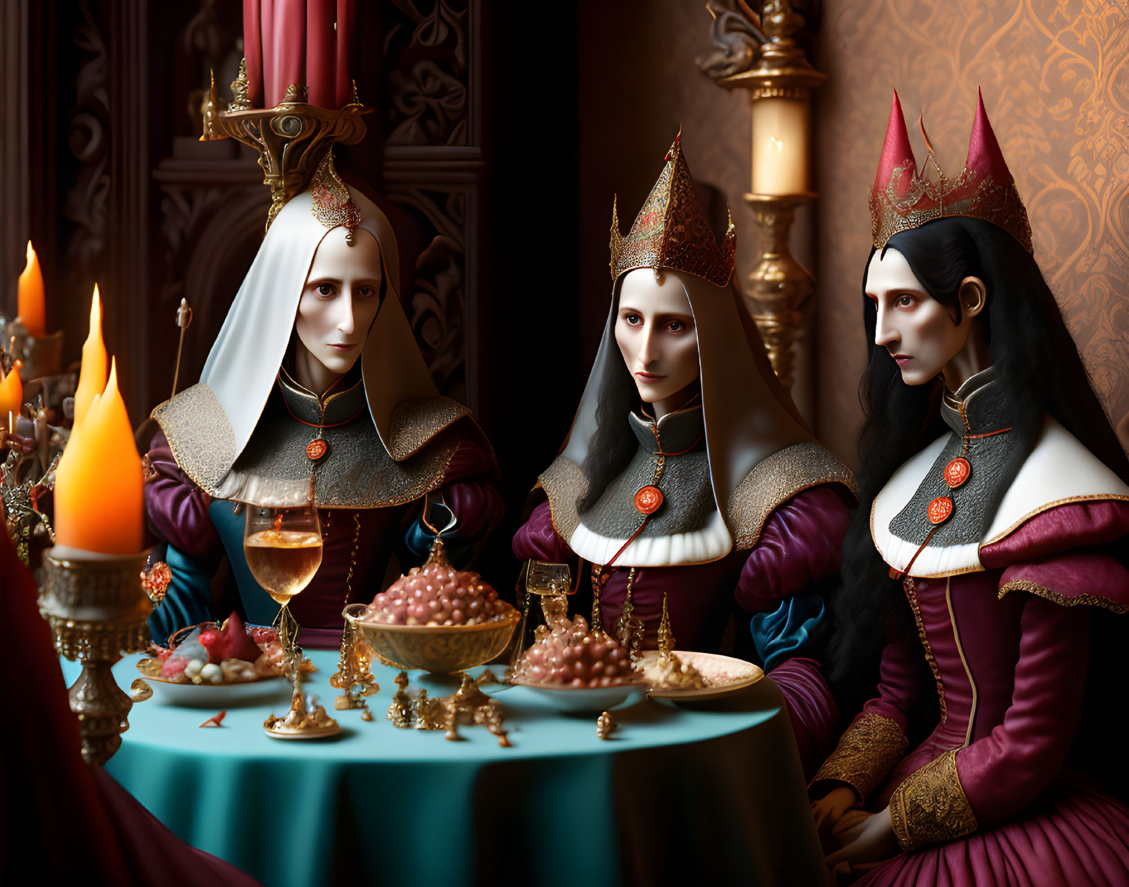 Medieval-themed artwork featuring regal figures at a luxurious banquet