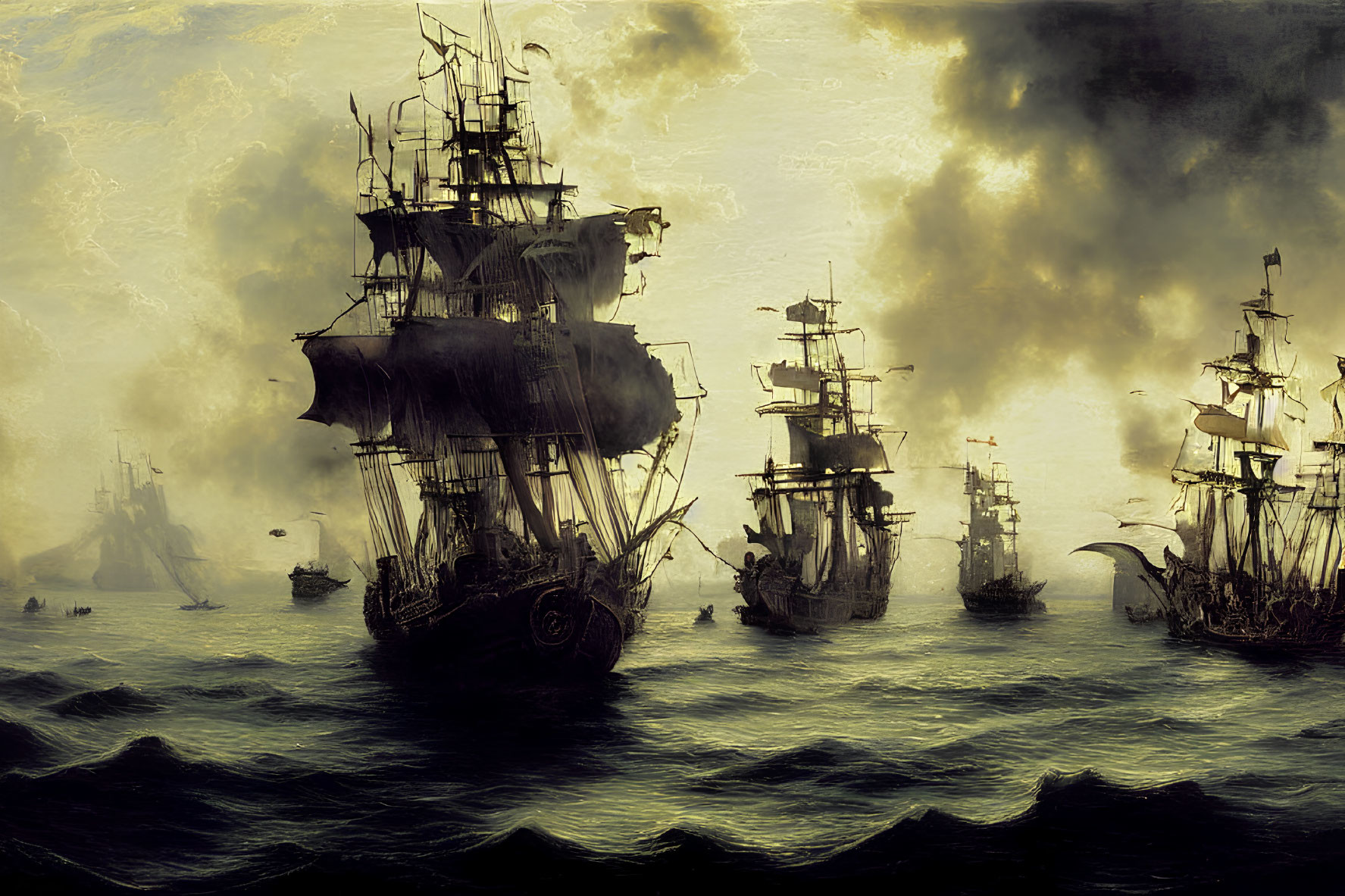 Tall ships with billowing sails in dark, stormy seas