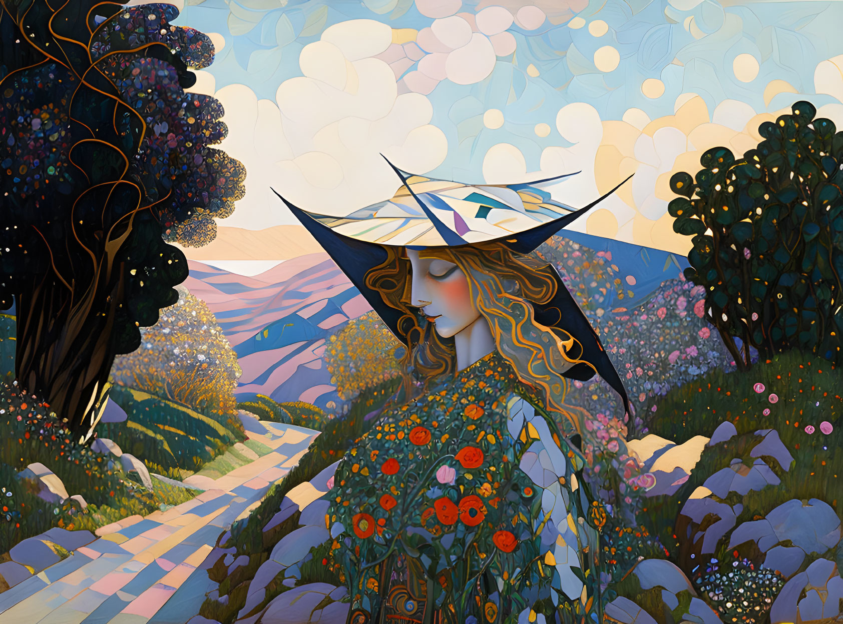 Woman with flowing hair in floral outfit and abstract hat in colorful landscape