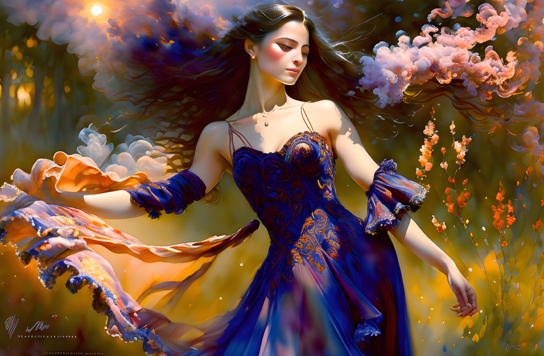 Woman in Blue Dress Surrounded by Flowers and Pink Clouds