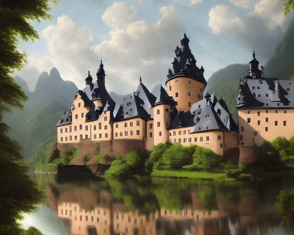 Majestic fairy-tale castle with spires in lush greenery, reflected in lake, mountains