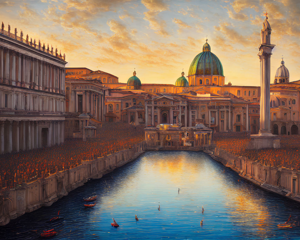 Historical buildings and boats on serene canal at sunset