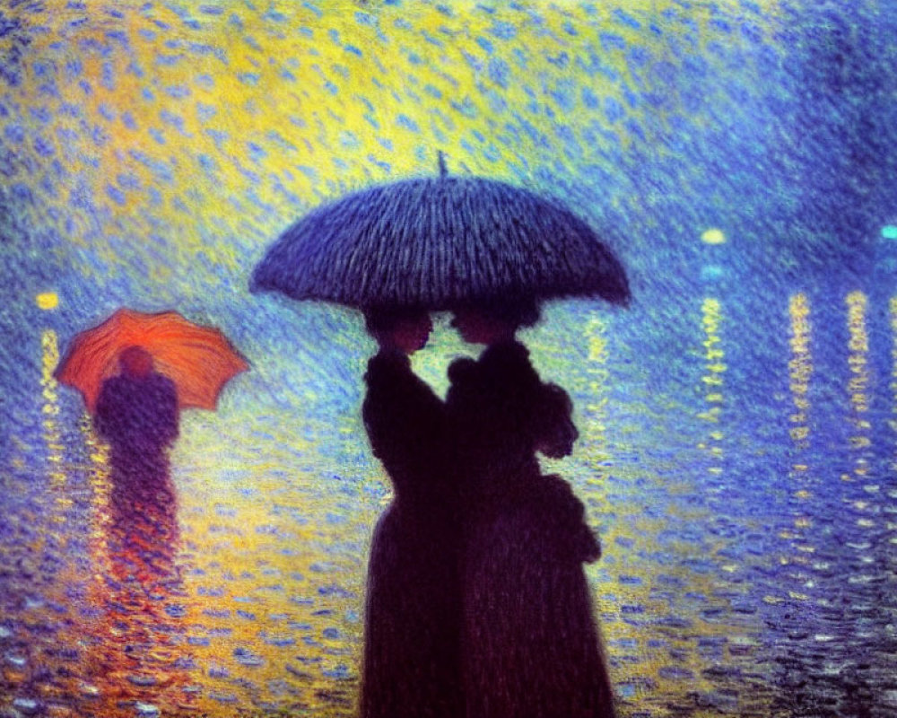 Nighttime painting of two figures under blue umbrella with orange umbrella in vibrant pointillist backdrop