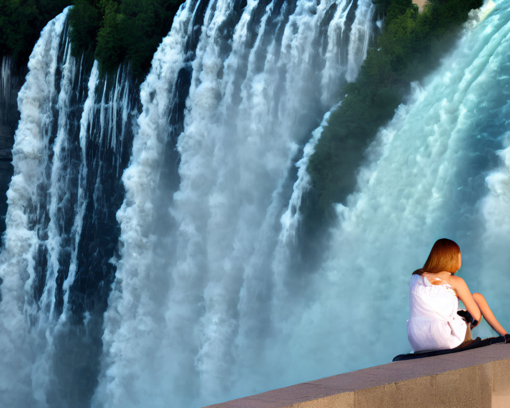 Person peacefully sitting on ledge gazing at powerful waterfall