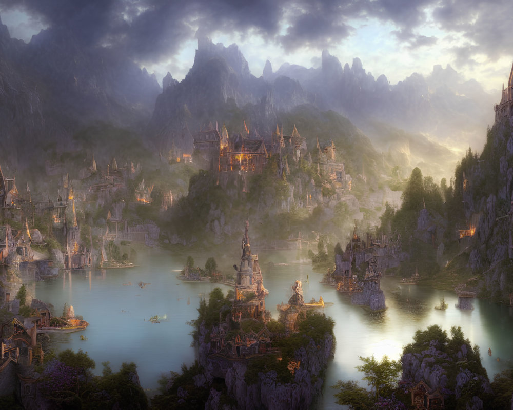 Majestic fantasy landscape with illuminated castles and towering mountains