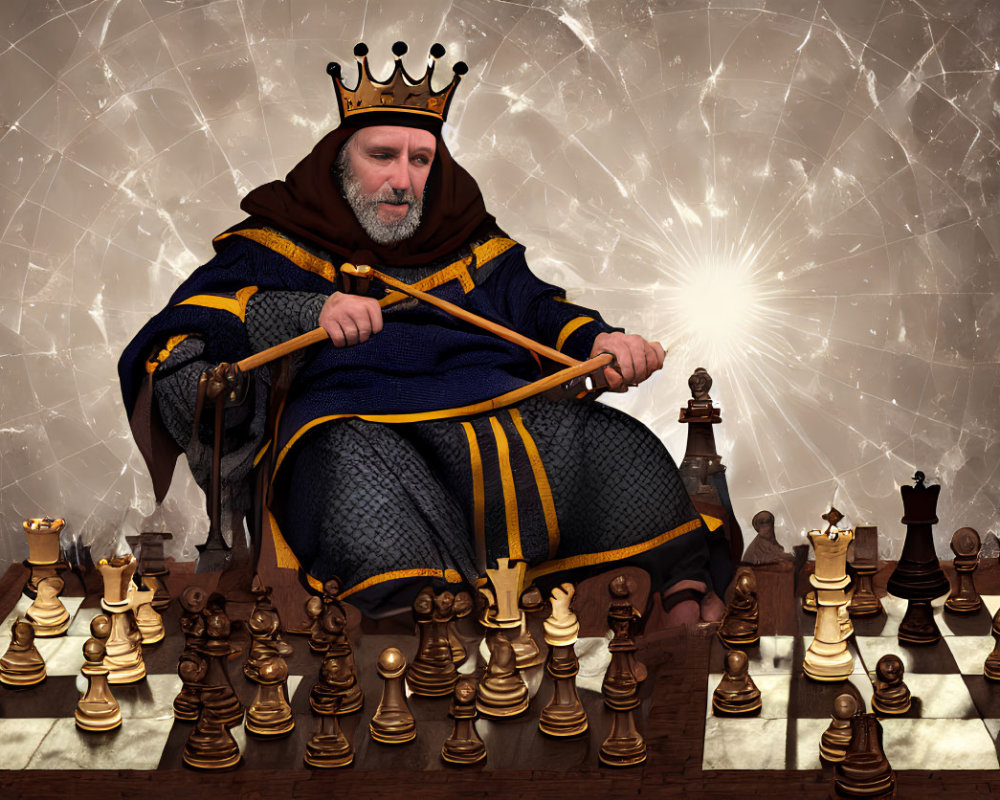 Man in king costume on throne ponders chess move under dramatic lighting