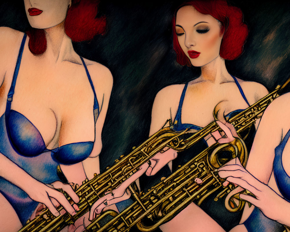 Stylized Red-Haired Women in Blue Garments Playing Saxophone