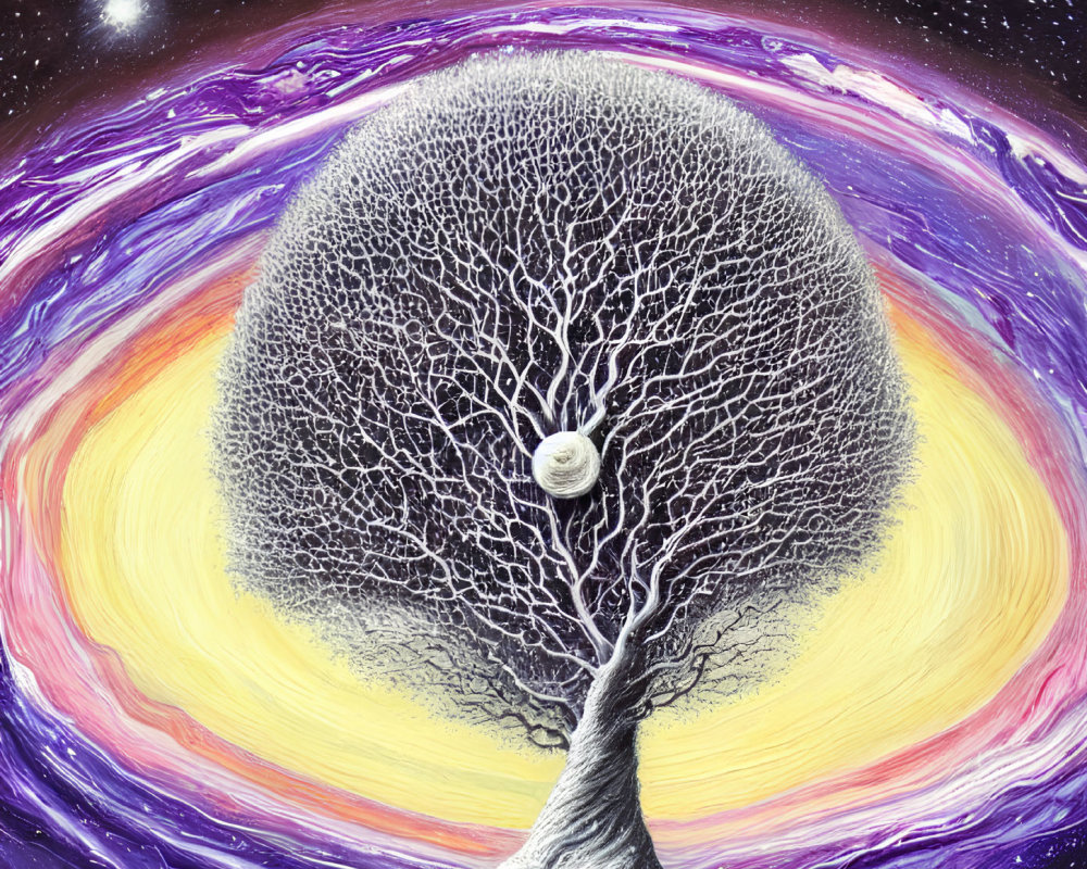 Surreal cosmic tree painting with swirling galaxy backdrop