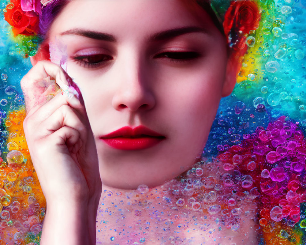 Woman with Red Lipstick and Flower Hair in Colorful Bubbles