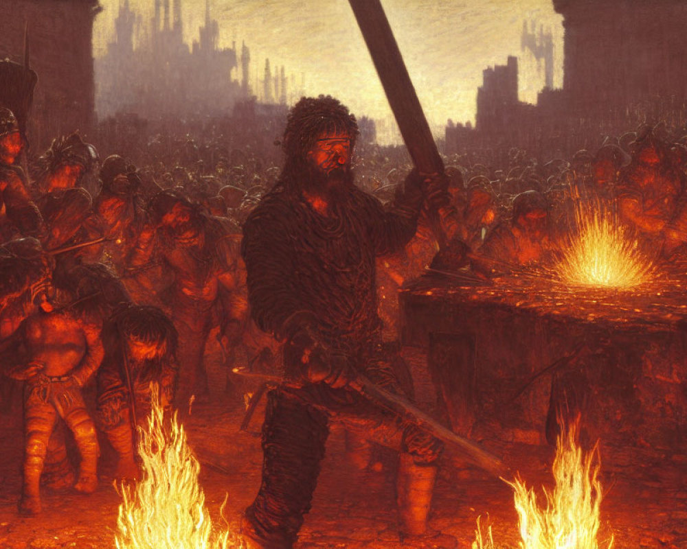 Viking warriors around fires in dark, fiery landscape