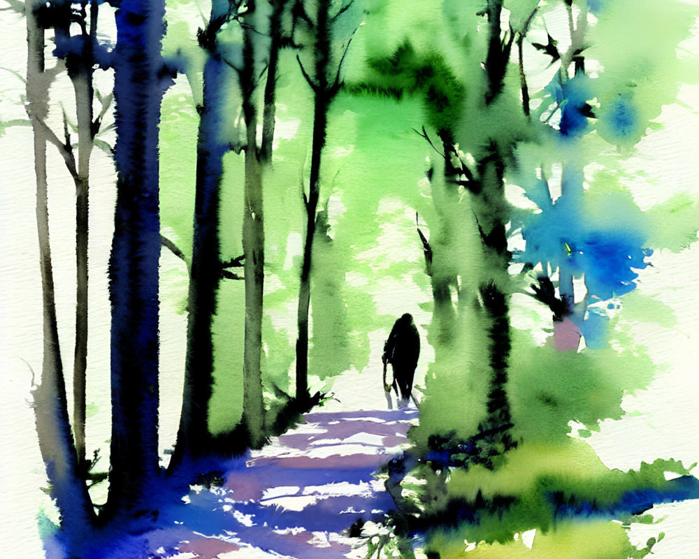 Vivid watercolor painting: Person walking in lush forest