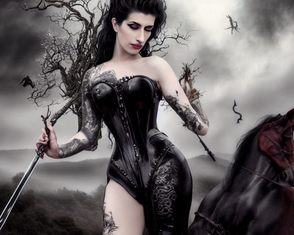 Gothic woman in corset with sword next to black horse in misty landscape