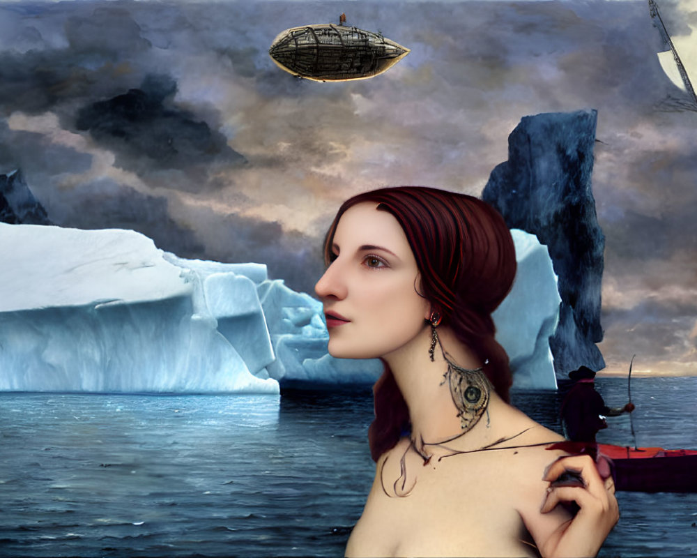 Surreal profile of woman's face on icy seascape with boat, airship, and ice