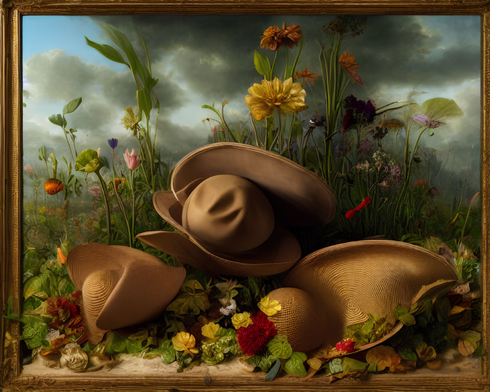 Photorealistic painting: Three straw hats among vibrant flowers in gold frame