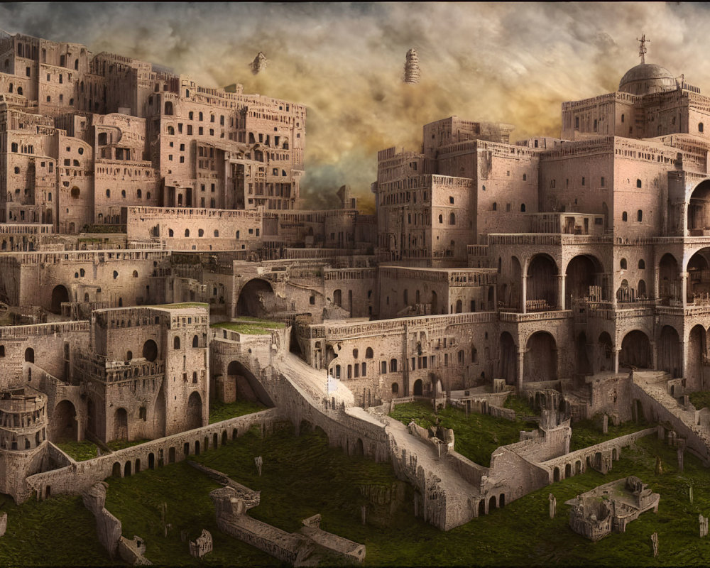 Detailed digital painting of fantastical ancient fortress city under dramatic sky