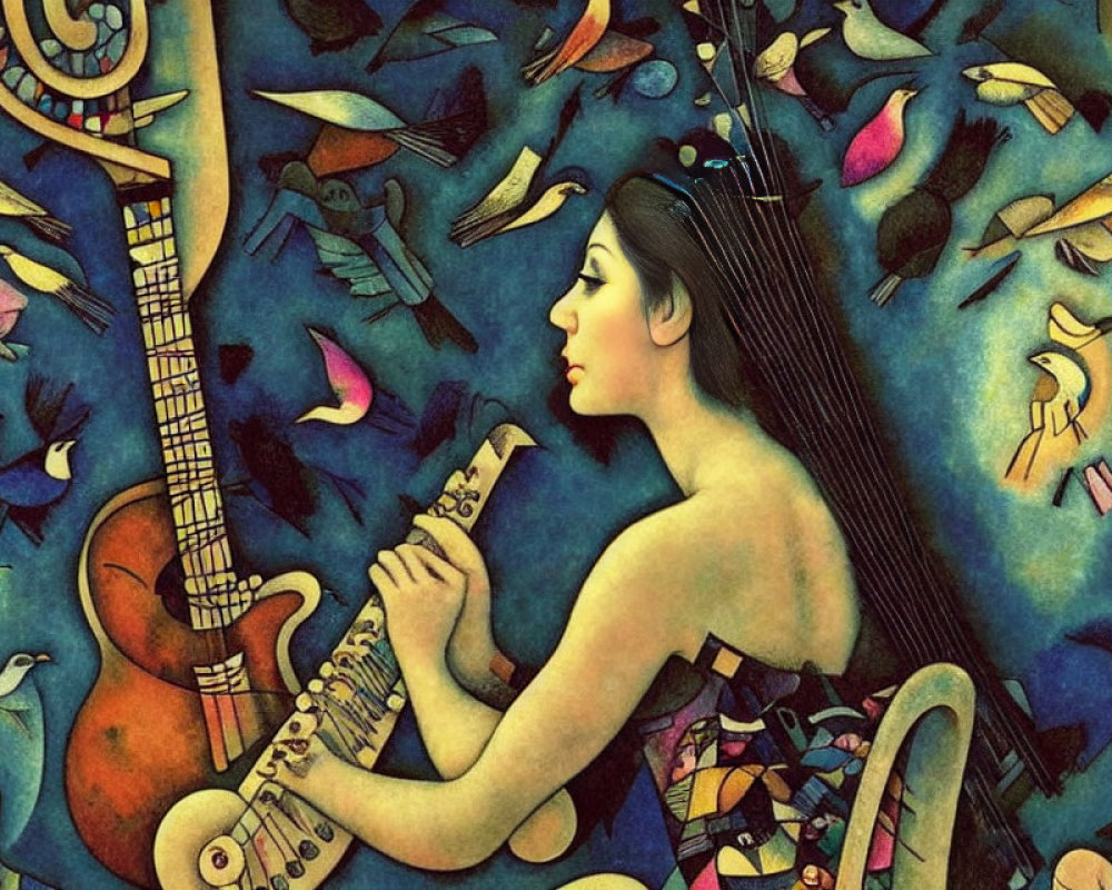 Woman playing saxophone in whimsical musical scene with colorful birds on starry background