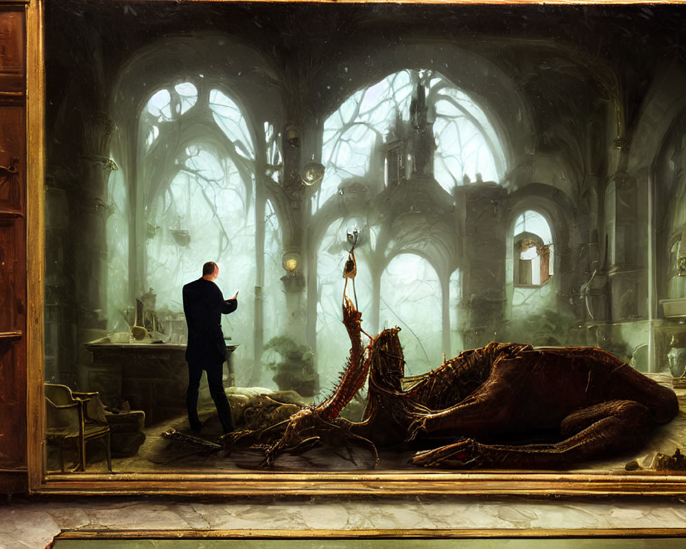 Person in suit in misty, gothic study with defeated dragon-like creature