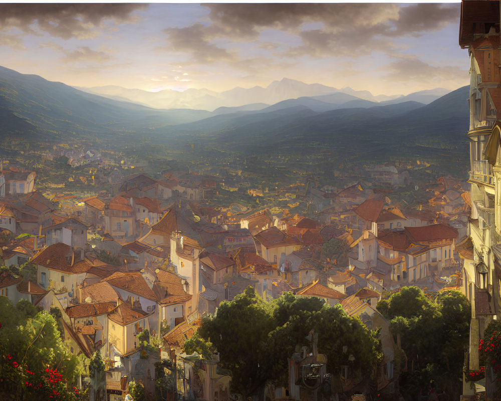 Scenic sunset view of old European town with terracotta rooftops