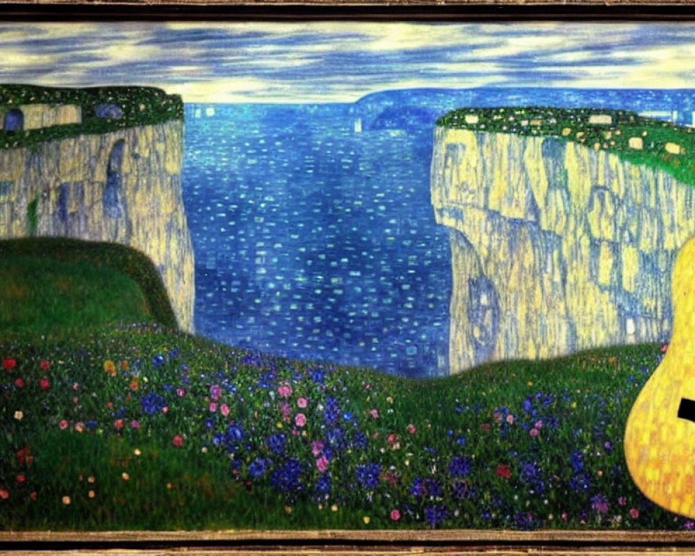 Scenic painting of starry night sky over sea with cliffs and guitar surrounded by flowers