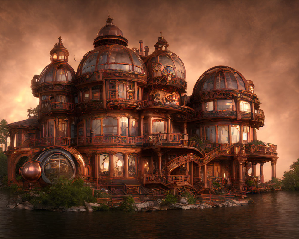 Steampunk-inspired mansion with ornate domes in dramatic sunset setting