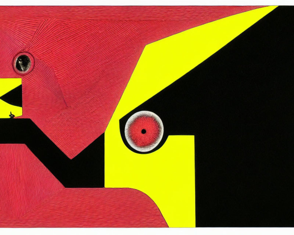 Abstract Artwork with Red, Yellow, Black Shapes and Eye-like Elements