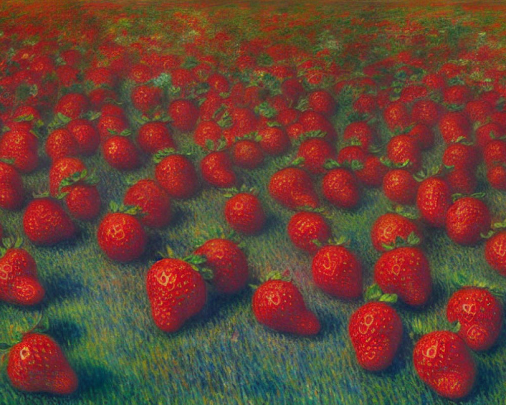 Detailed Painting of Oversized Strawberries in Red-Tinged Field